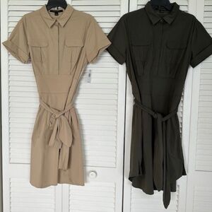 TWO (2) CLASSIC CYNTHIA STEFFE  DRESSES W/4 POCKETS, ONE DARK GREEN, ONE CARMEL